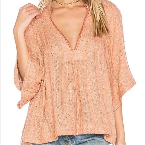 EUC - Free People Peach Sequin Embroidered Flutter Sleeve Woven top - size XS - Picture 6 of 9